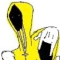 A wizard in a yellow cloak, a shadowy face behind the hood with only two white specks visable as eyes. They wear a gold chain, and are throwing up a wizard gang sign.